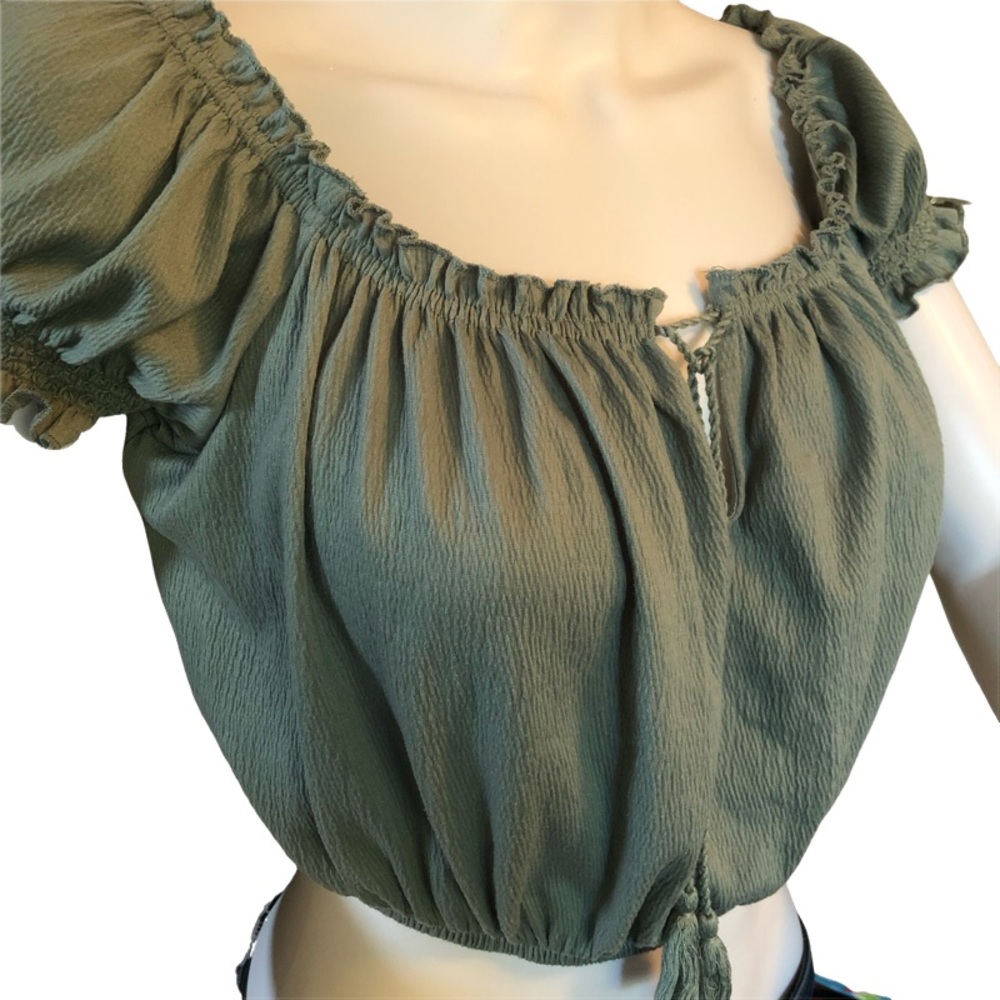 H&M DIVIDED Sage Green Crop‎ Top Large Peasant Trendy Y2K Festival Vintage - Picture 3 of 6